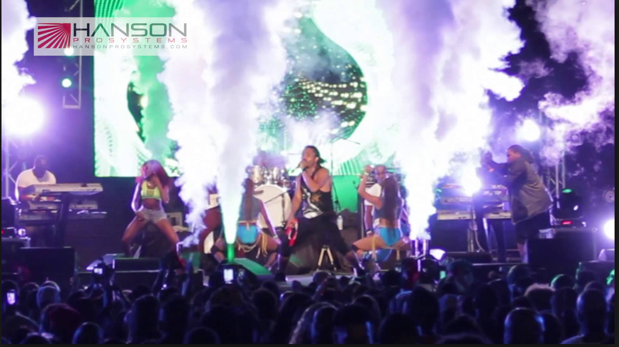 Hanson Prosystem cryo co2 jets with LED color plumes on action in a concert